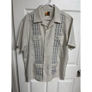 Haband Guayabera Shirt Mens L Beige Cuban Camp Shirt 4 Pocket Embroidered